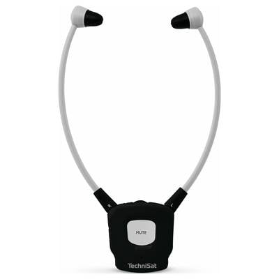 Portable audio system with black casing, white earbuds, mute button and the inscription 'TechniSat'.