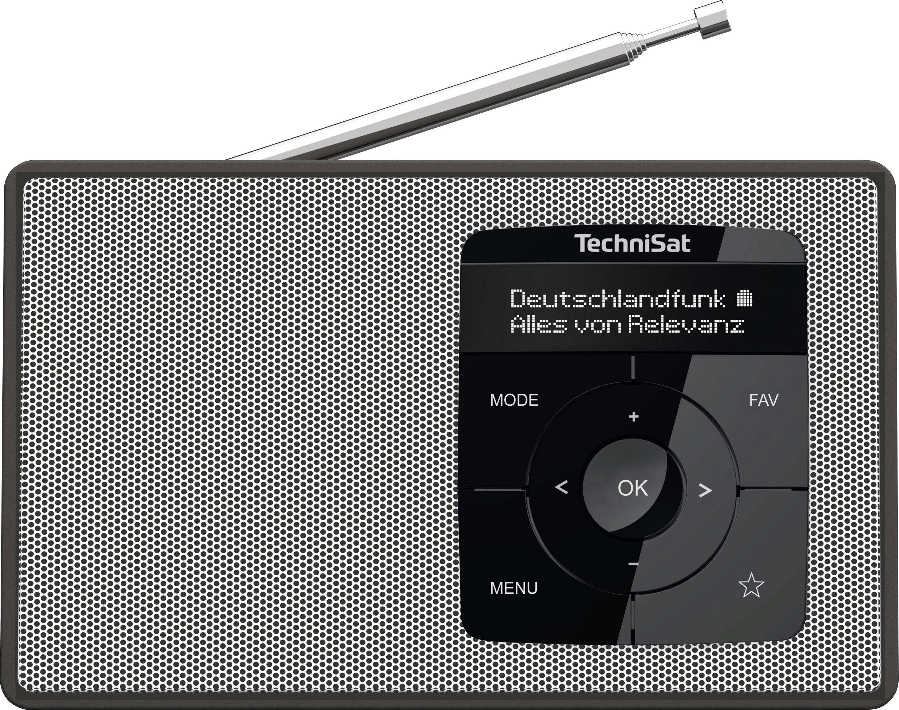 A small portable radio displays 'Deutschlandfunk - All of Relevance' on the screen. It has control buttons and an antenna.