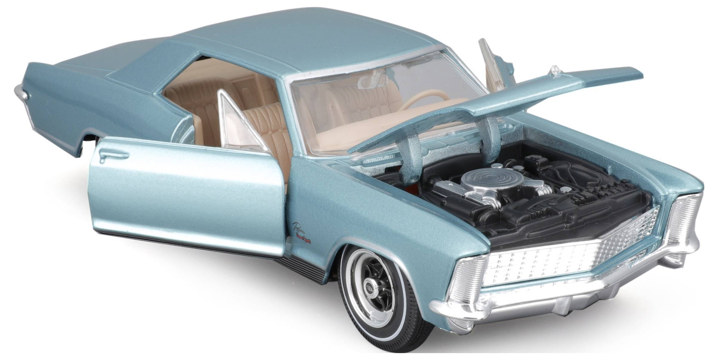 A turquoise, classic toy car with open doors and bonnet reveals a detailed engine compartment.