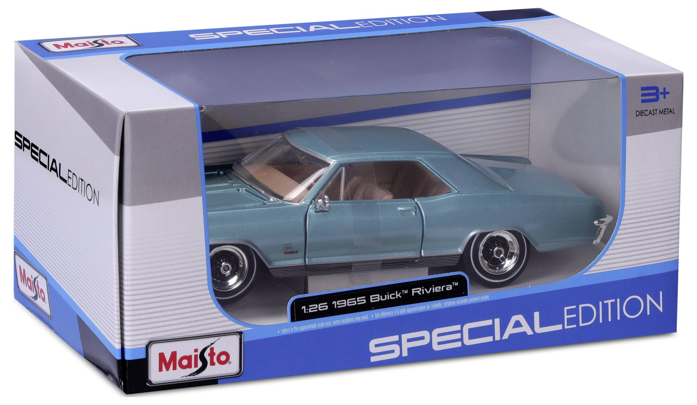 Model car at a scale of 1:25, '1965 Buick Riviera', in a box marked 'Special Edition', suitable for children aged 3 and over.