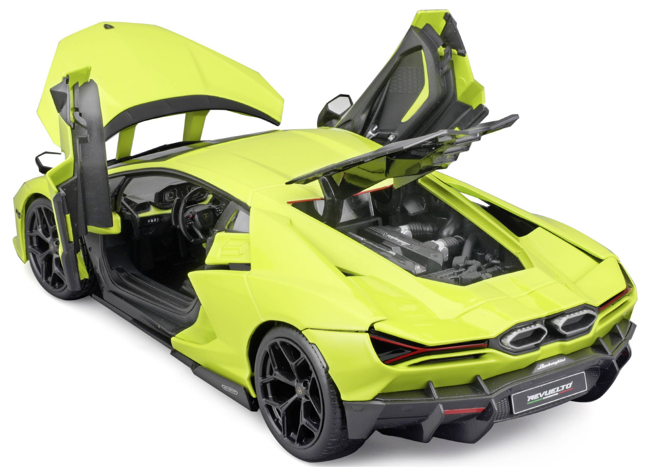 A neon yellow sports car with open gull-wing doors. The boot lid is also open, revealing the car's engine compartment.