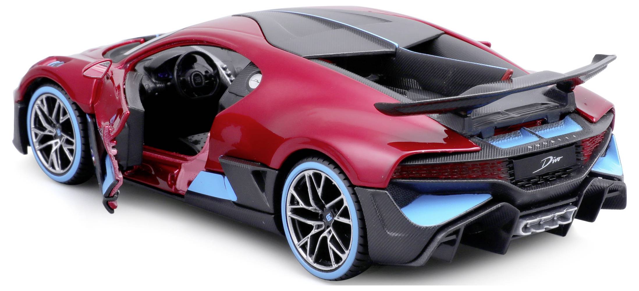 A red sports car model with an open driver's door and visible steering wheel. Striking design with blue accents and rear spoiler.