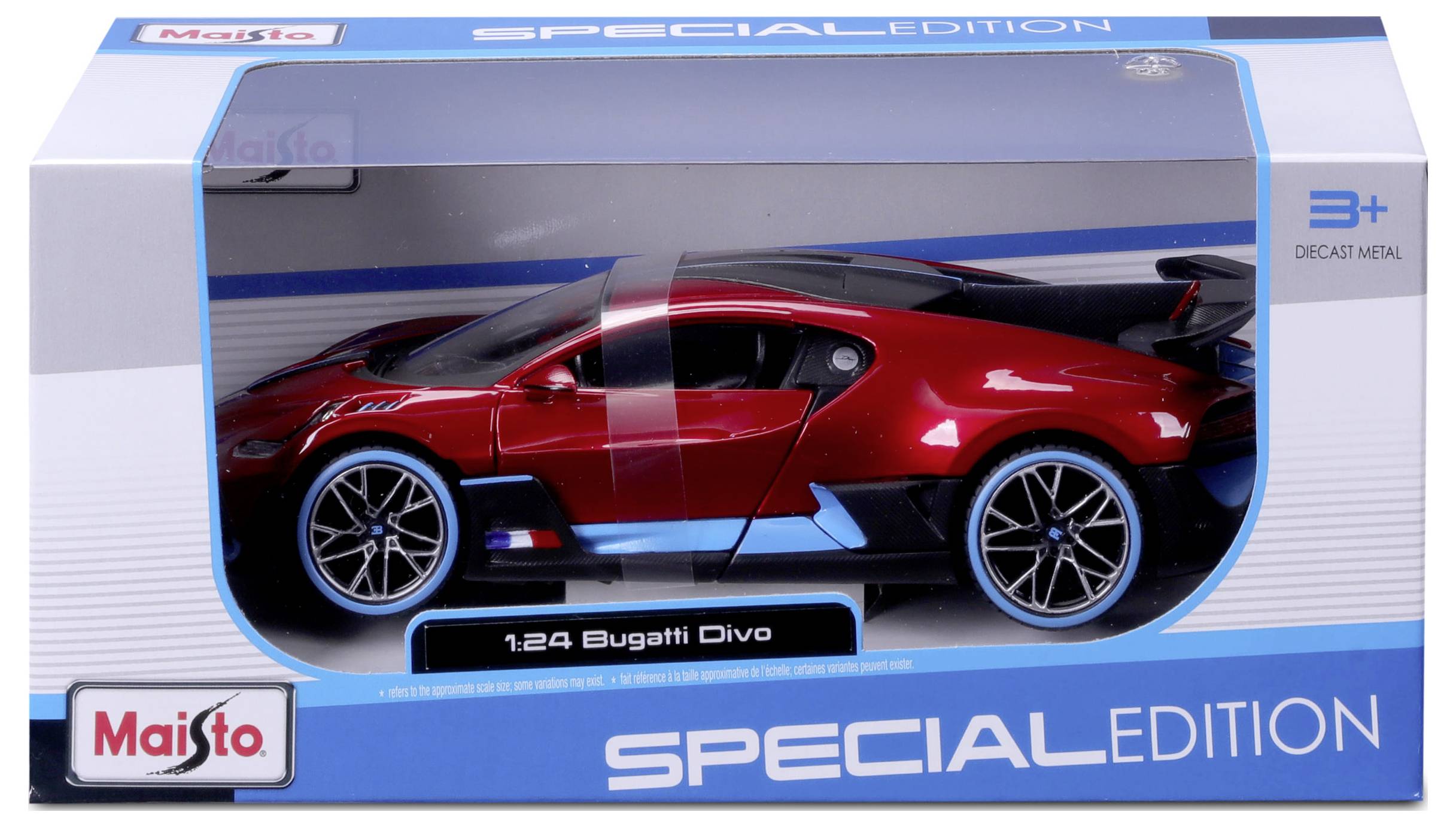 'Maisto Special Edition' model car of the Bugatti Divo in Red and Black, packaged in a box. Scale 1:24, suitable for decoration from 3 years old.