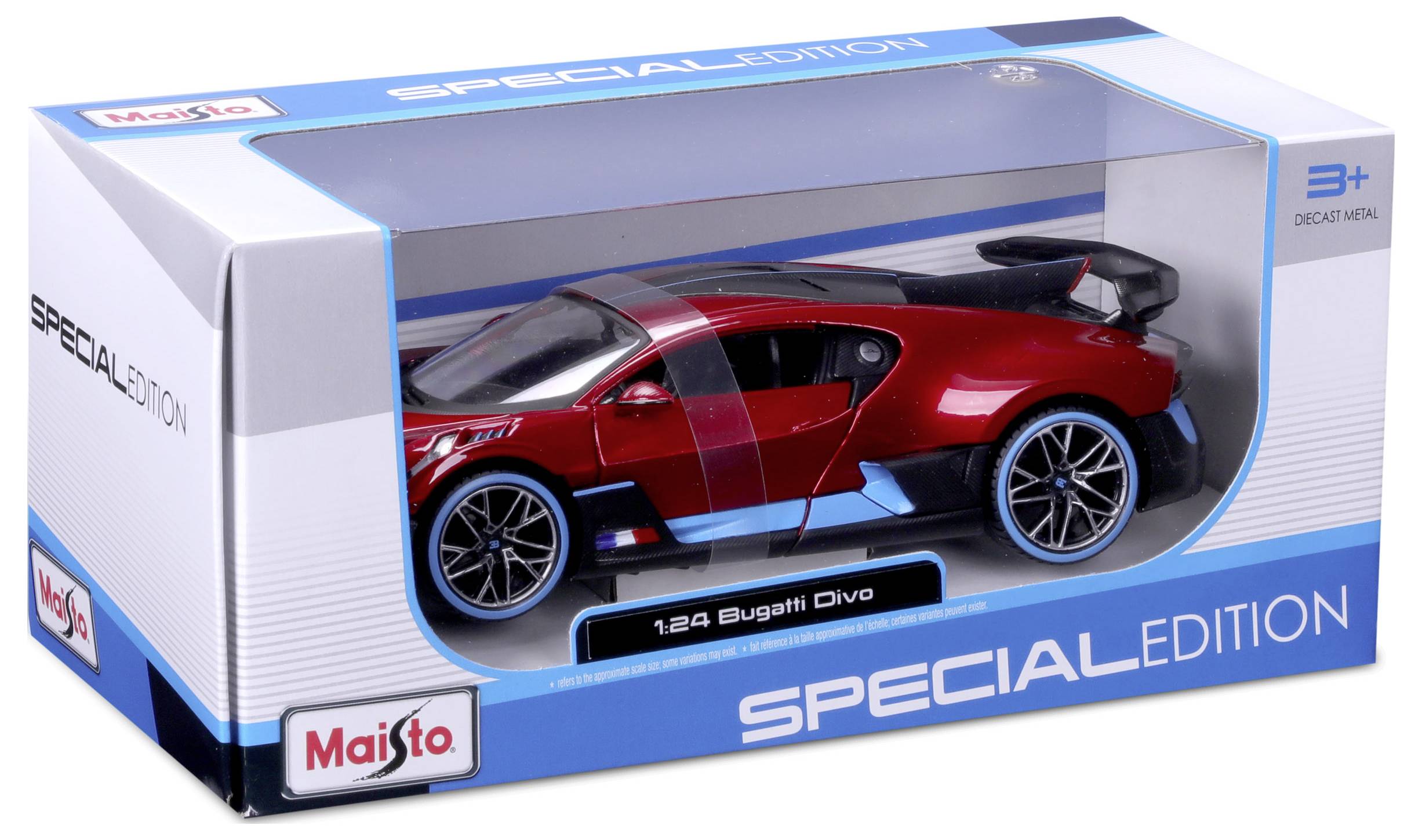 A red model car, Bugatti Divo, in a 1:24 scale, in a special edition packaging. Packaging displays the car and information about the manufacturer and scale.