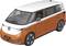 An orange and white minibus with sleek, modern lines. Distinctive logo on the front. An example of contemporary vehicle design.