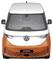 Compact orange and white VW ID. Buzz, viewed from the front. Electric minibus with distinctive VW logo and modern design.