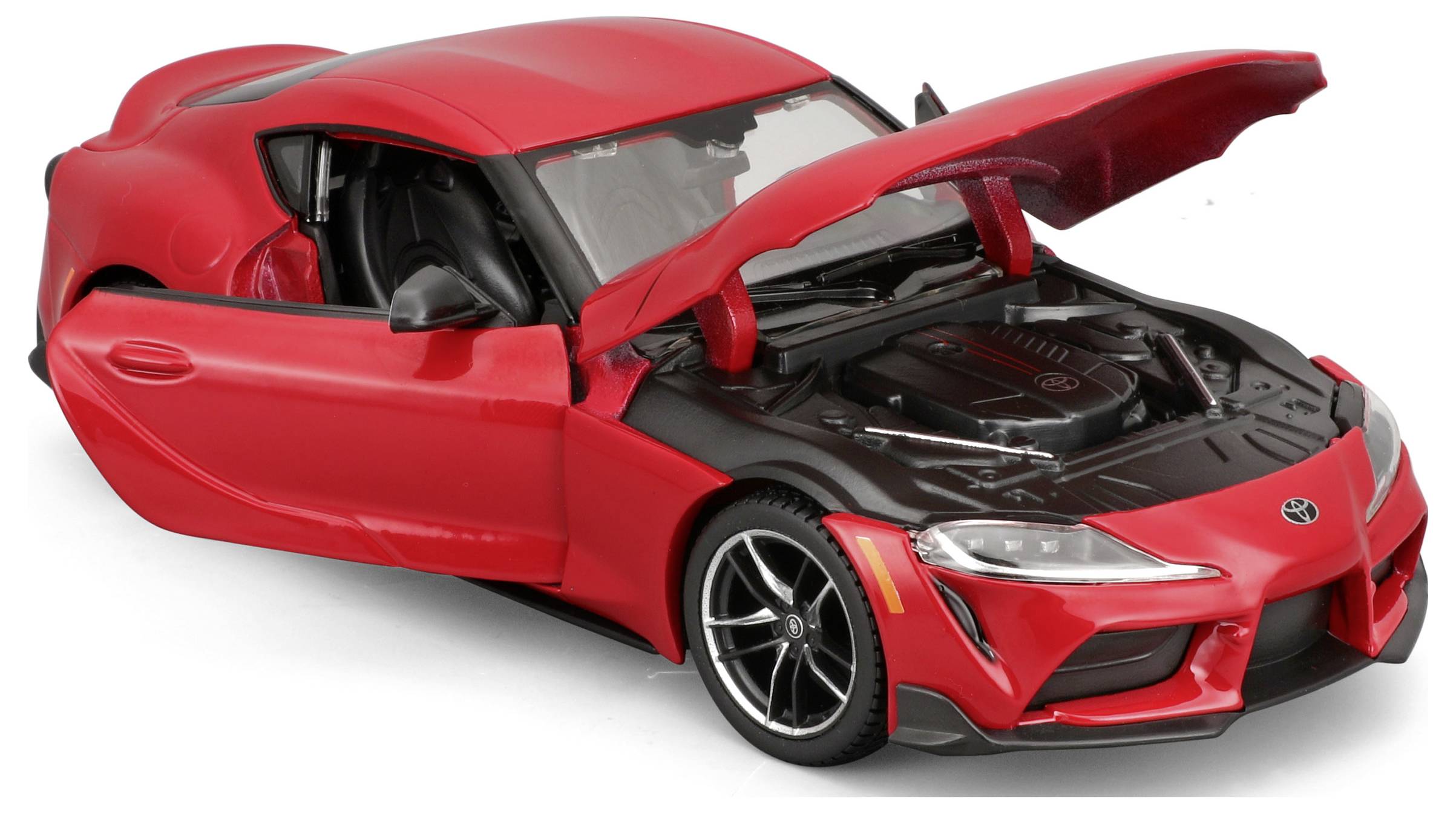 Red model car with open bonnet and door, revealing detailed engine bay. Sports car design, viewed from the side.