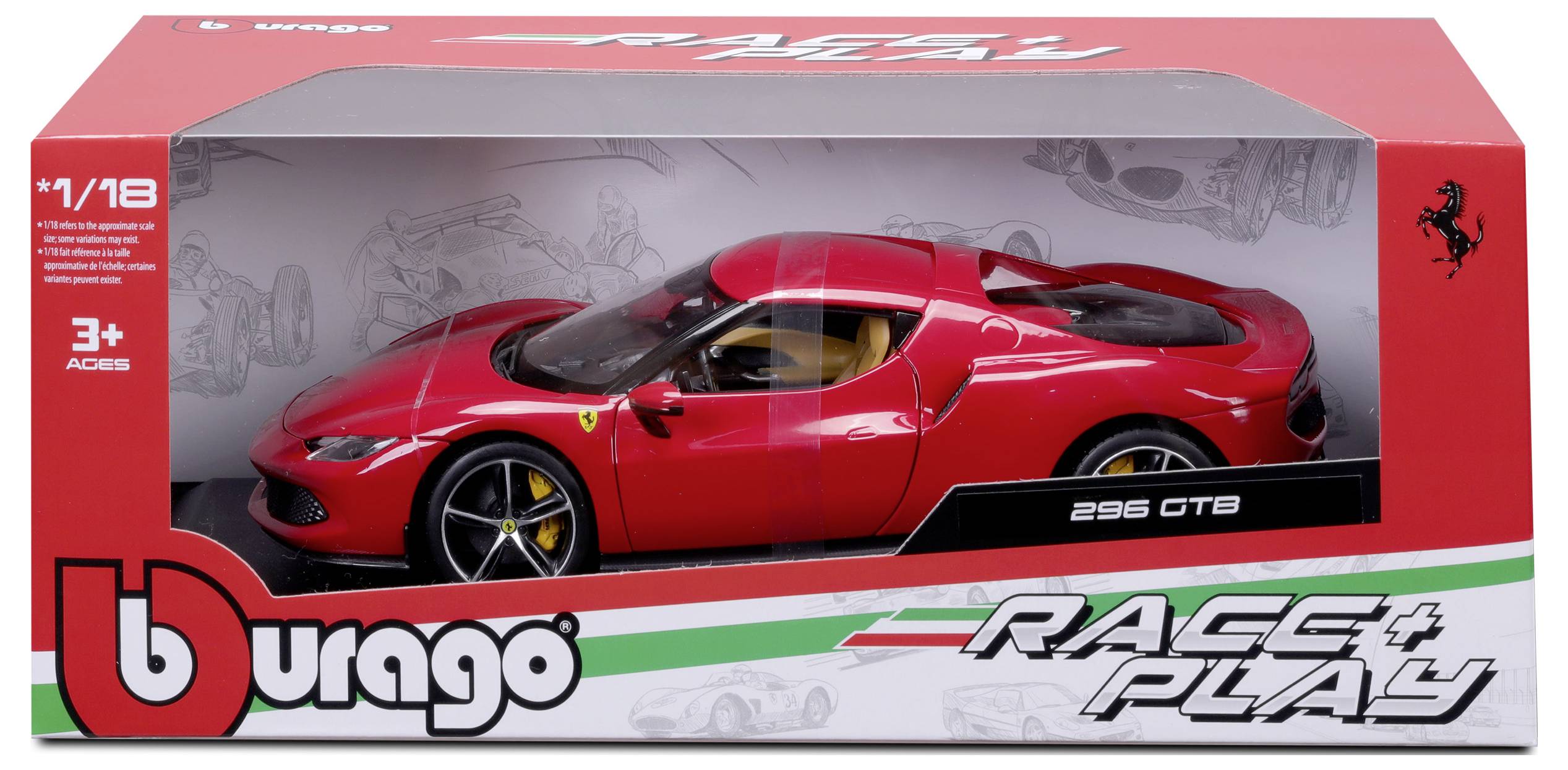 A red die-cast toy car in 1:18 scale in a box marked 'Race & Play', suitable for children aged 3 and over, by Bburago.
