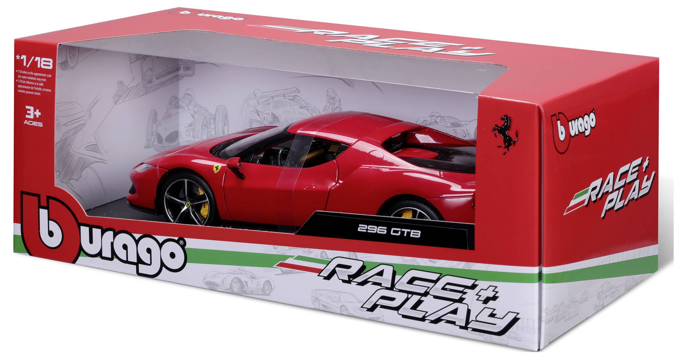 A red model car '296 GTB' in a Burago box with 'Race & Play' lettering, recommended for ages 3 and up.
