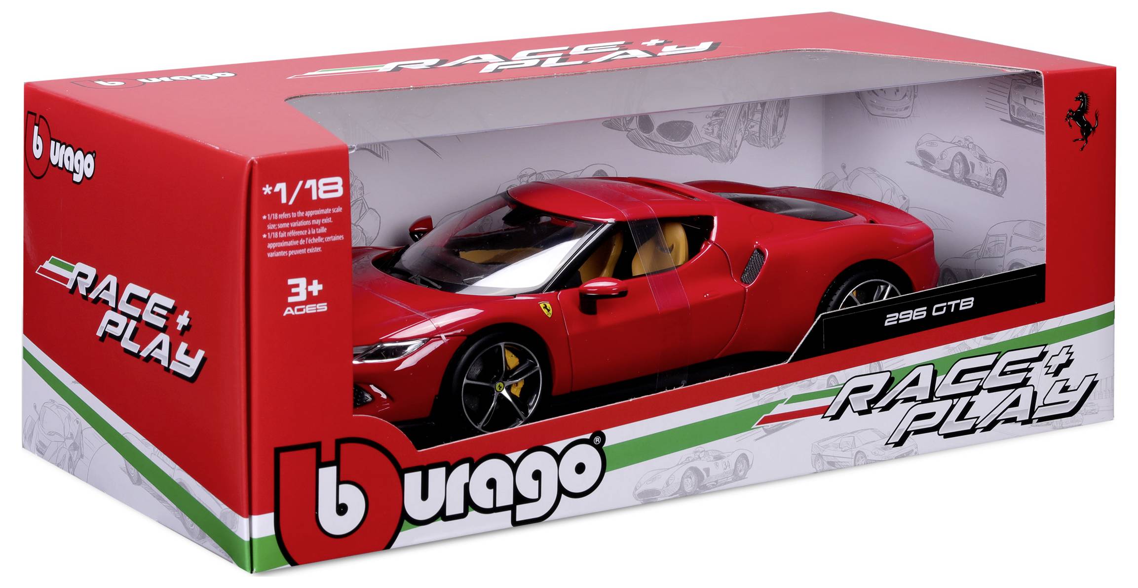 Red toy car at 1:18 scale in a Burago box. Packaging displays 'Race & Play' and is suitable for children aged 3 and above.