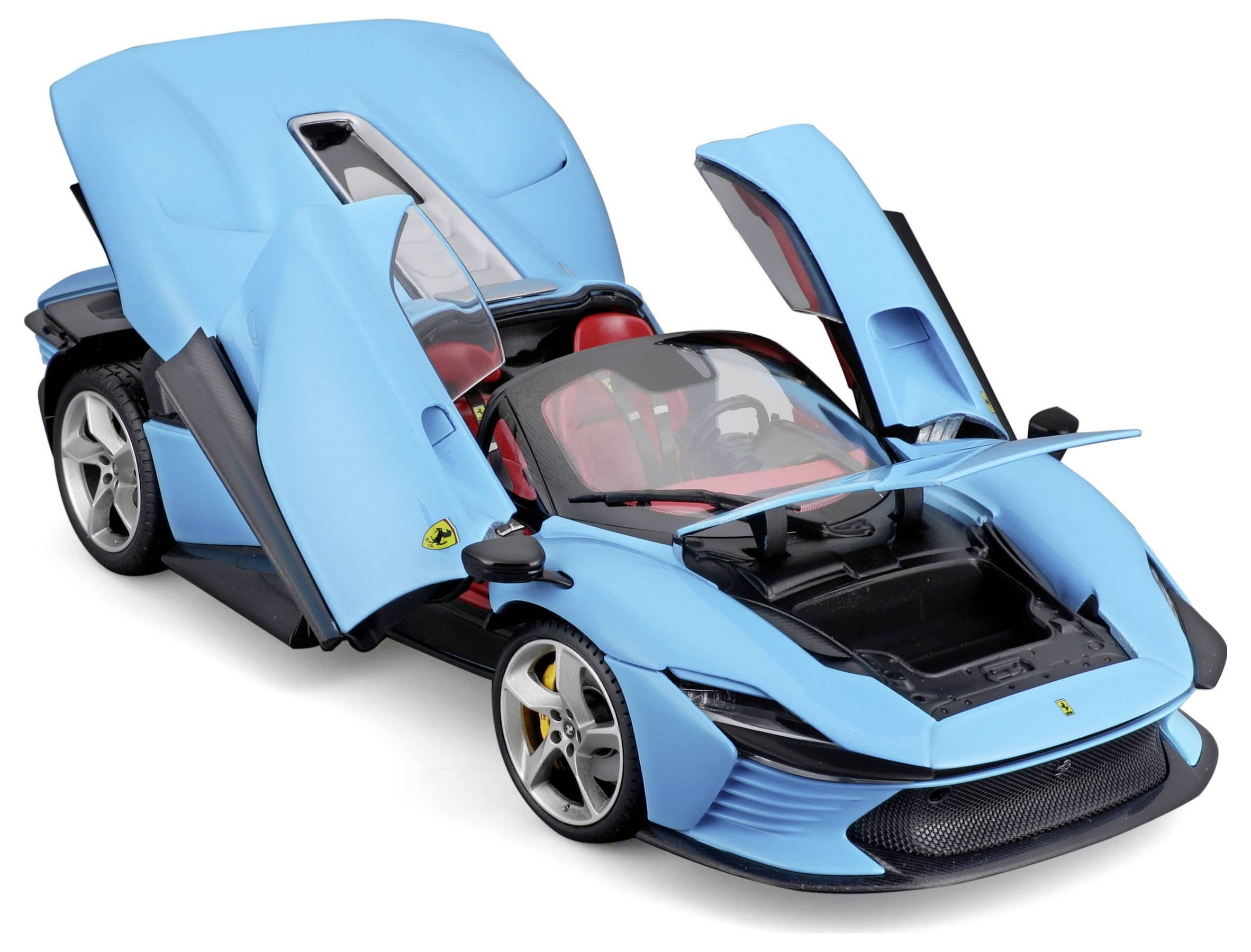 A light blue toy car with open doors and bonnet, revealing a red and black interior and silver wheels.