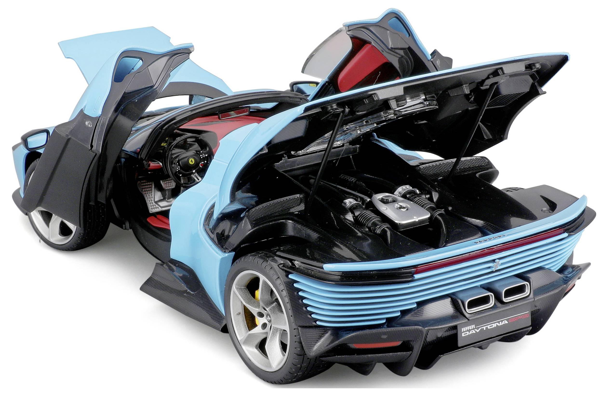 A futuristic, light blue sports car with open doors and bonnet, revealing the internal mechanics and details in the rear section.