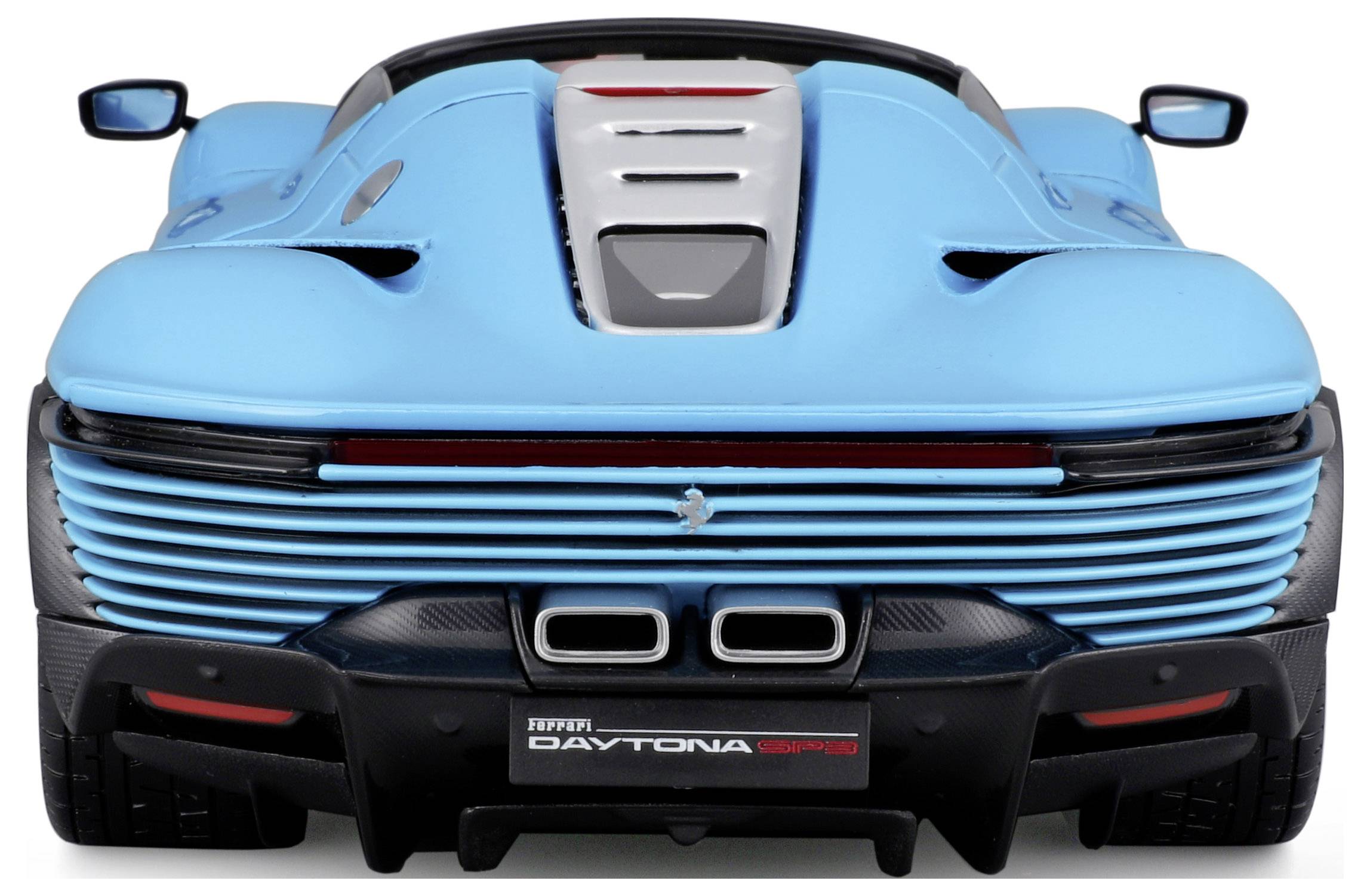 Blue sports car rear with silver and black details, two exhaust pipes and 'Daytona SP3' lettering on the number plate.