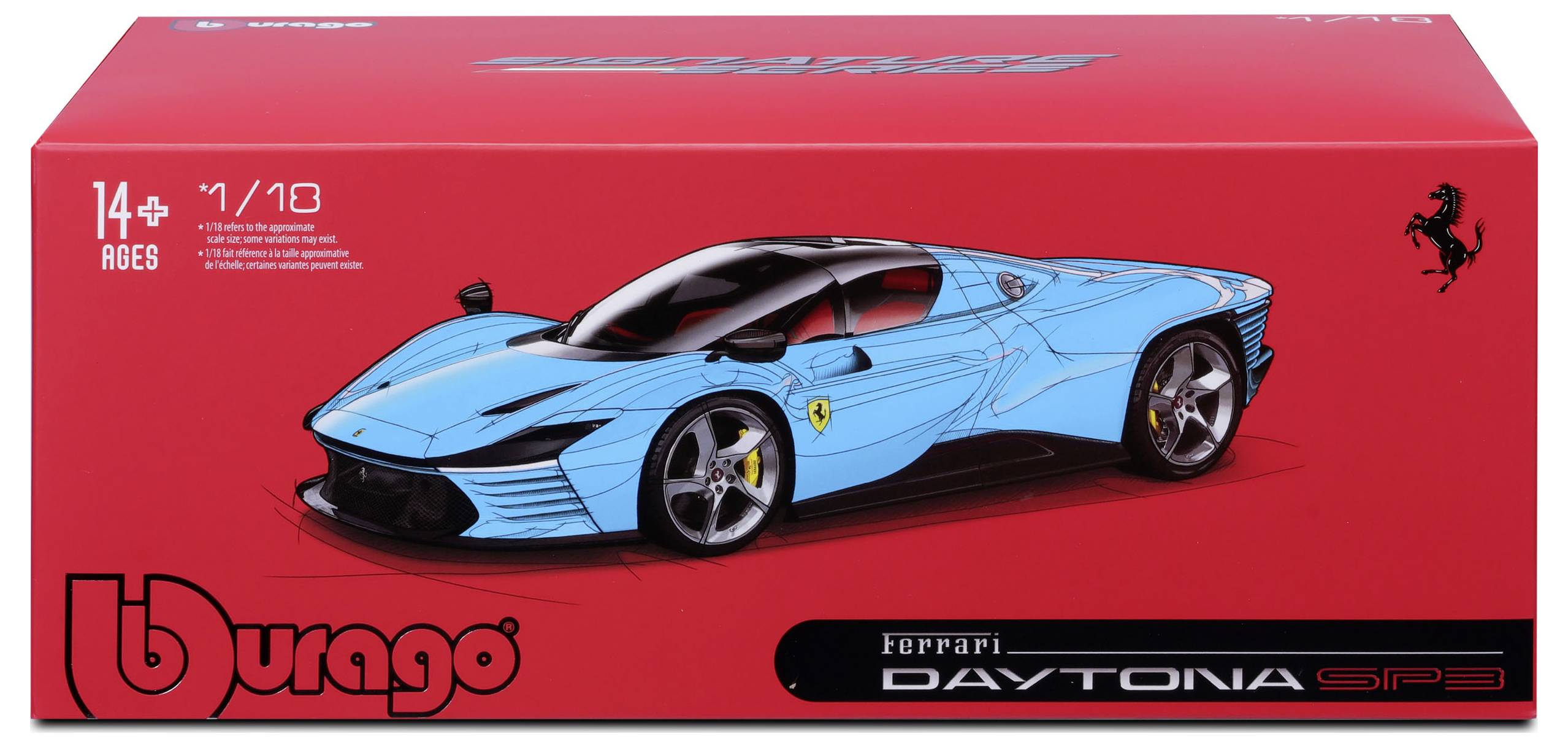 Red packaging of a model car 'Ferrari Daytona SP3' in 1:18 scale by Bburago, suitable for ages 14 and up. Image shows the blue car.