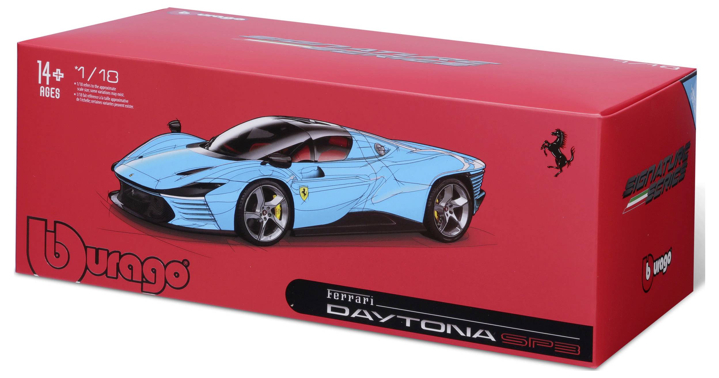 Model car packaging of a blue Ferrari Daytona SP3, illustration of the car on a red background. Marked for age 14+.