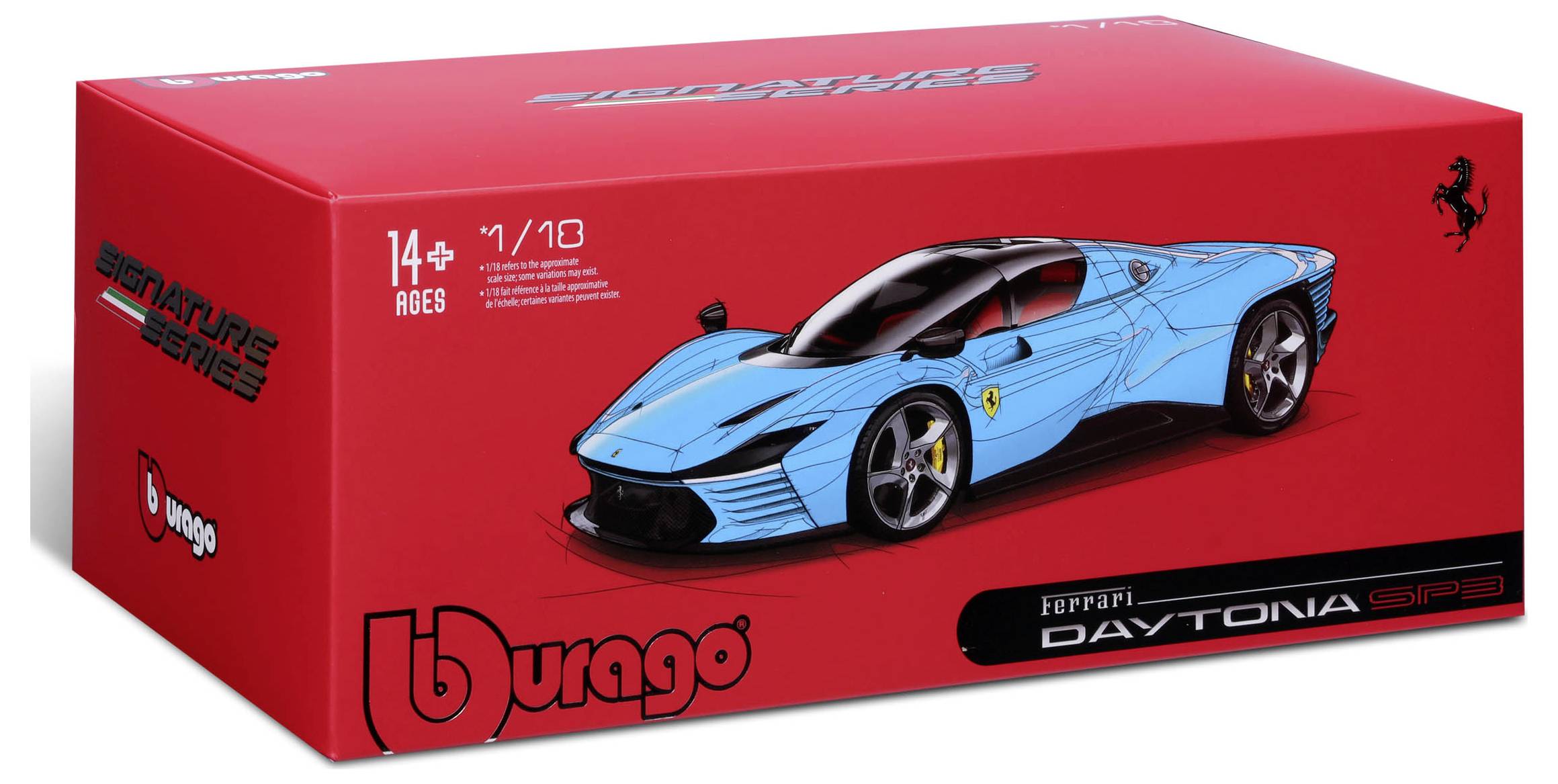 Red packaging featuring an image of a blue Ferrari Daytona SP3 model car and Bburago logos. Text reads '14+ Years' and scale is '1/18'.
