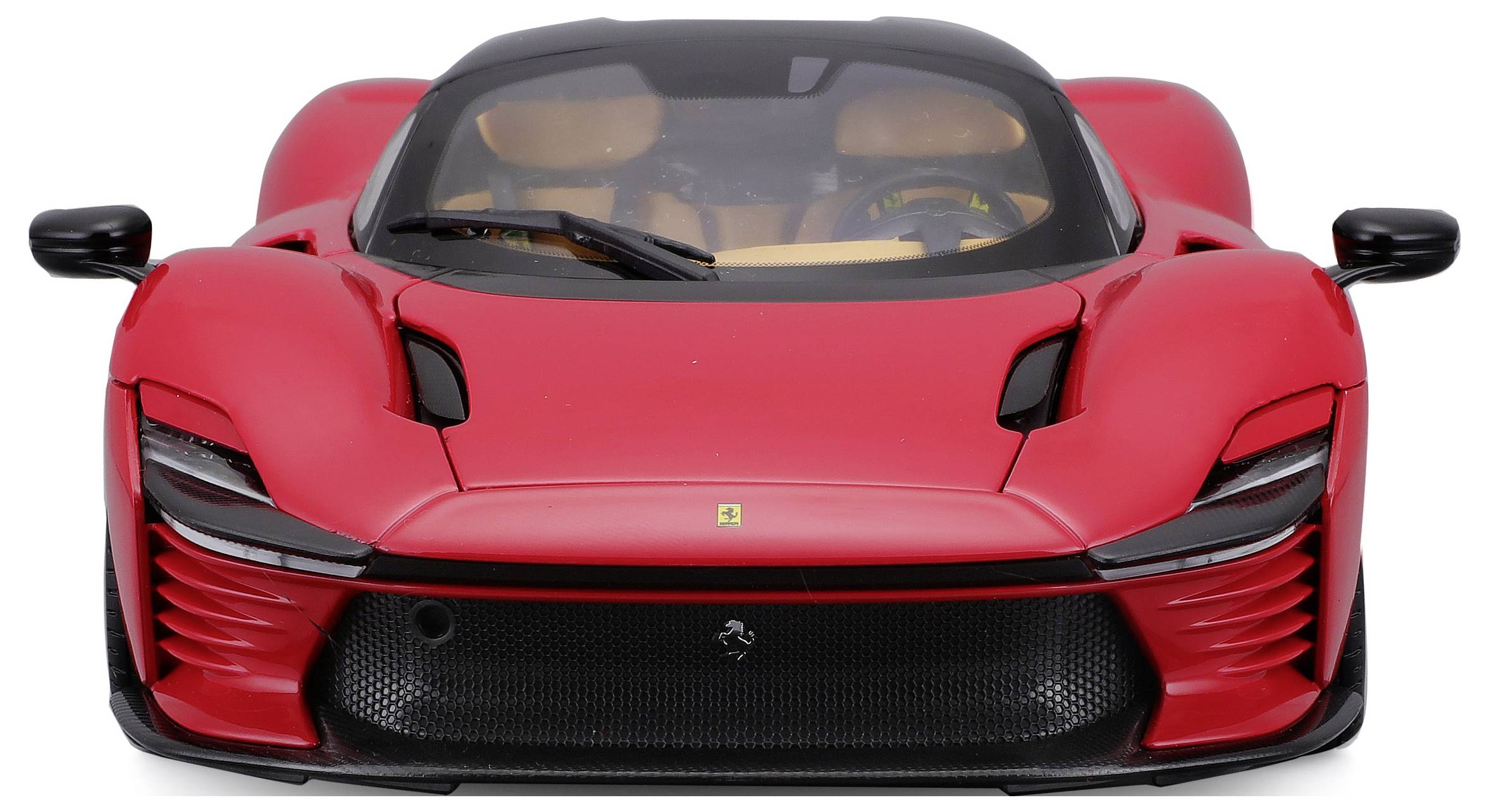 A red sports car with modern design, a low front and black-tinted windows is positioned facing the camera.