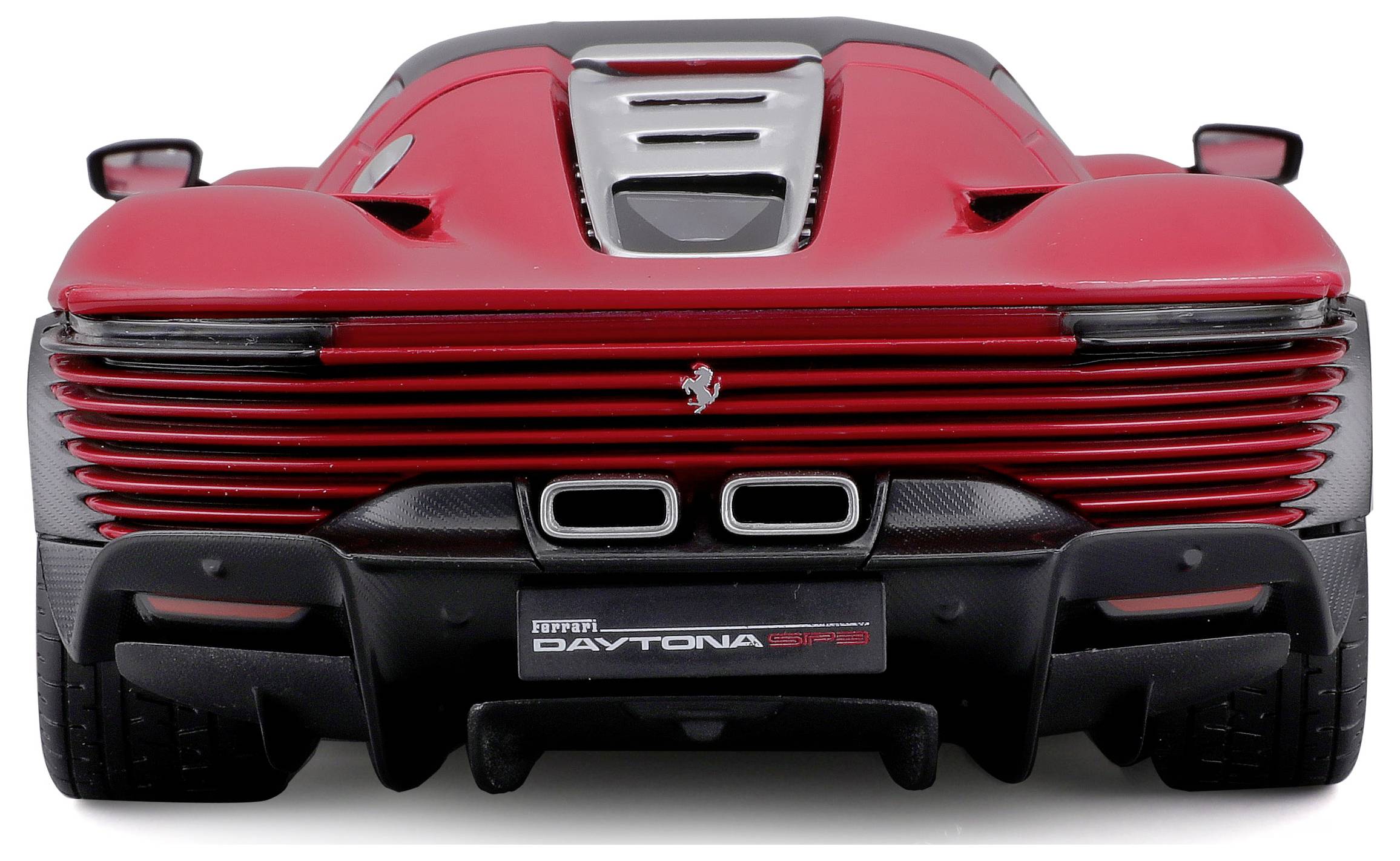 Red sports car from behind with distinctive air vents and twin exhaust, logo in the centre above the number plate.