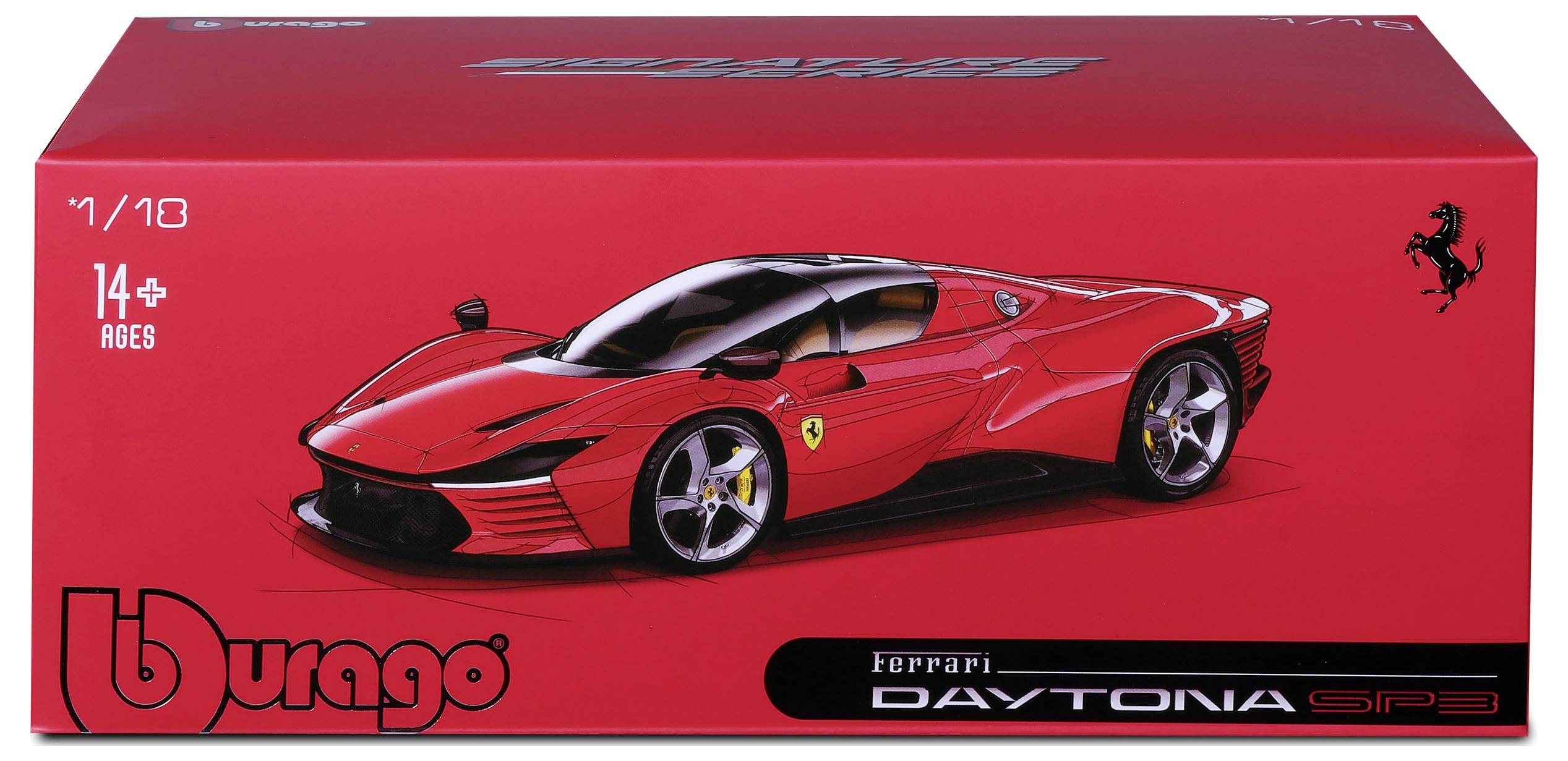 Packaging for a model car box. Displays a red Ferrari Daytona SP3 with the Ferrari logo. Recommended age: 14+.