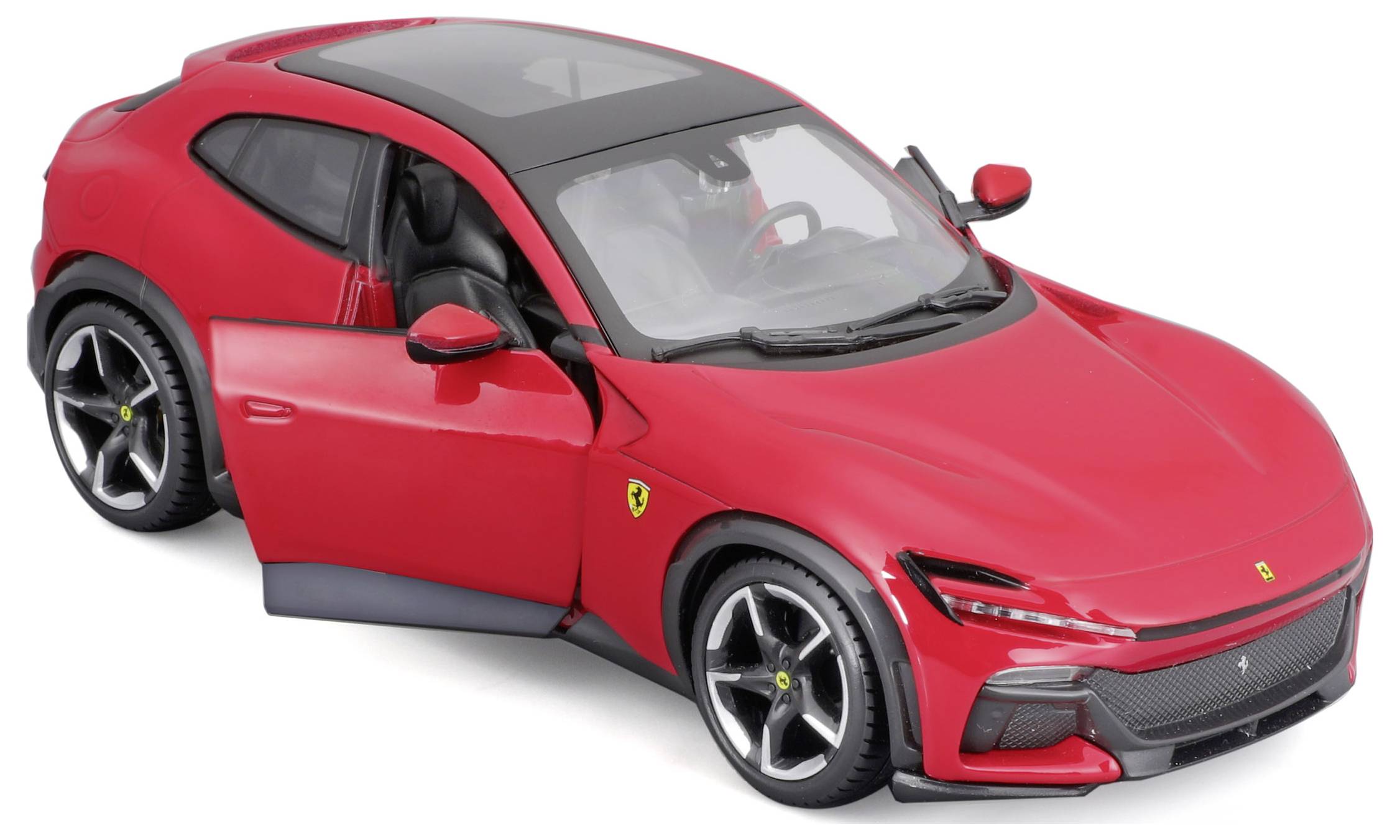 Red sports car with the driver's door open, black roof, and sporty alloy wheels. Ferrari logo visible on the side.