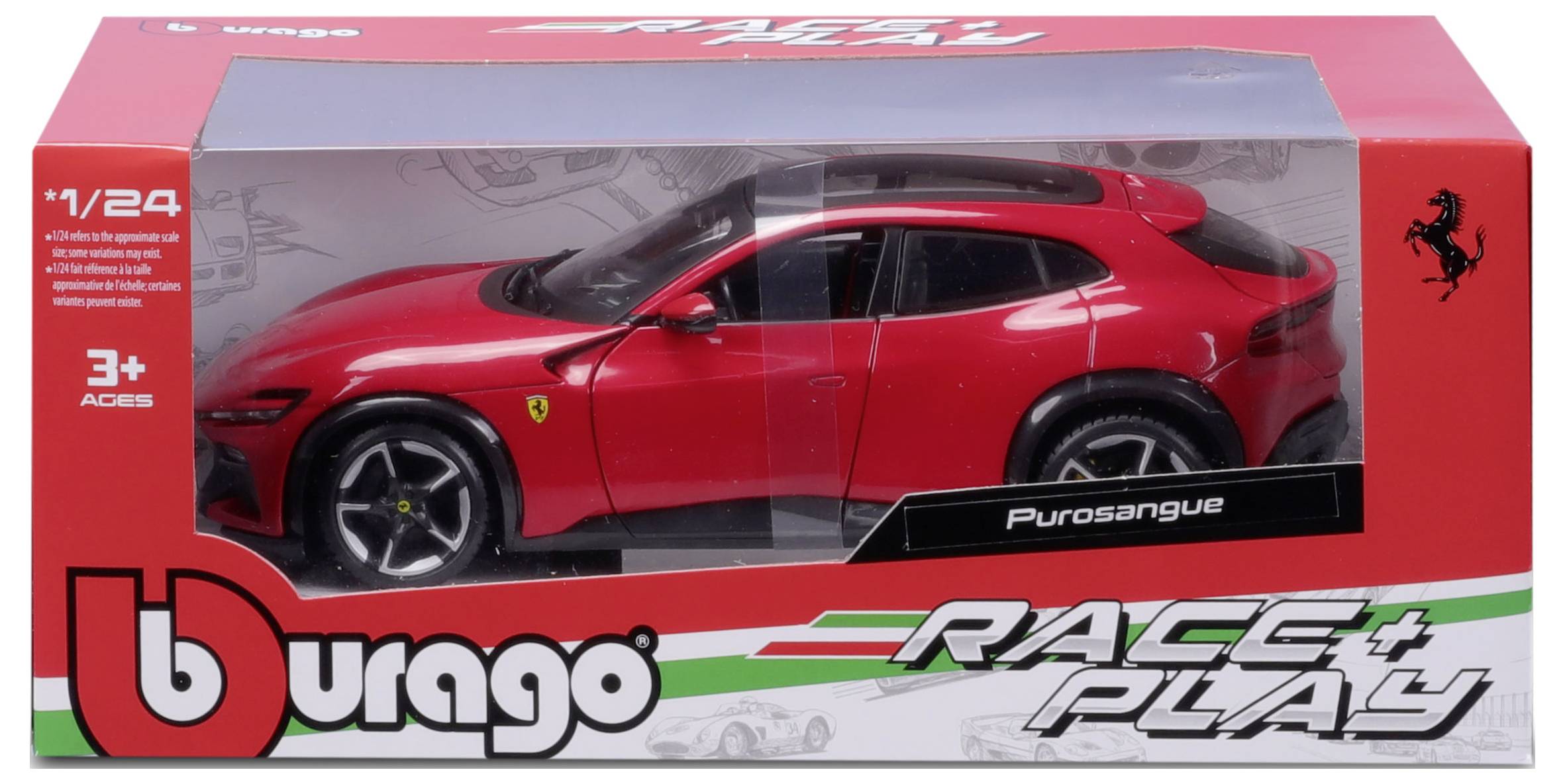 Red model car packaging by Bburago 'Race & Play' featuring Ferrari Purosangue, suitable for children aged 3 and above.