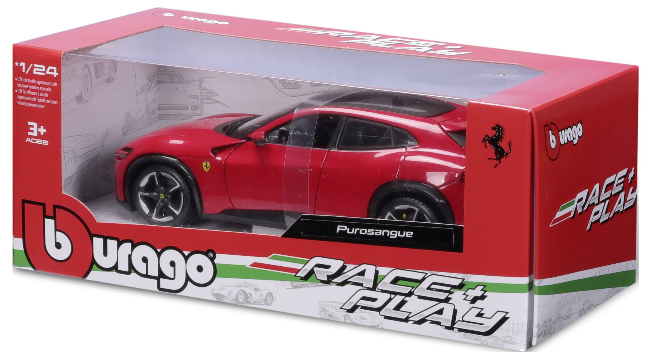 Red model car packaging with the inscription 'Bburago Race & Play'. Contains a red sports car model. Suitable for ages 3 and up.