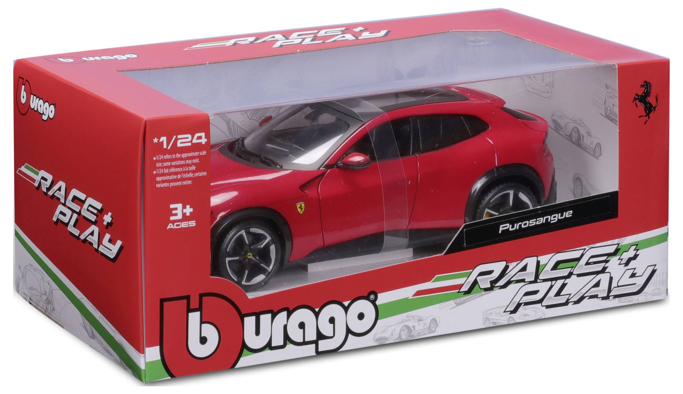 Red Bburago 'Race & Play' toy car packaging with Ferrari logo and age rating '3+'.