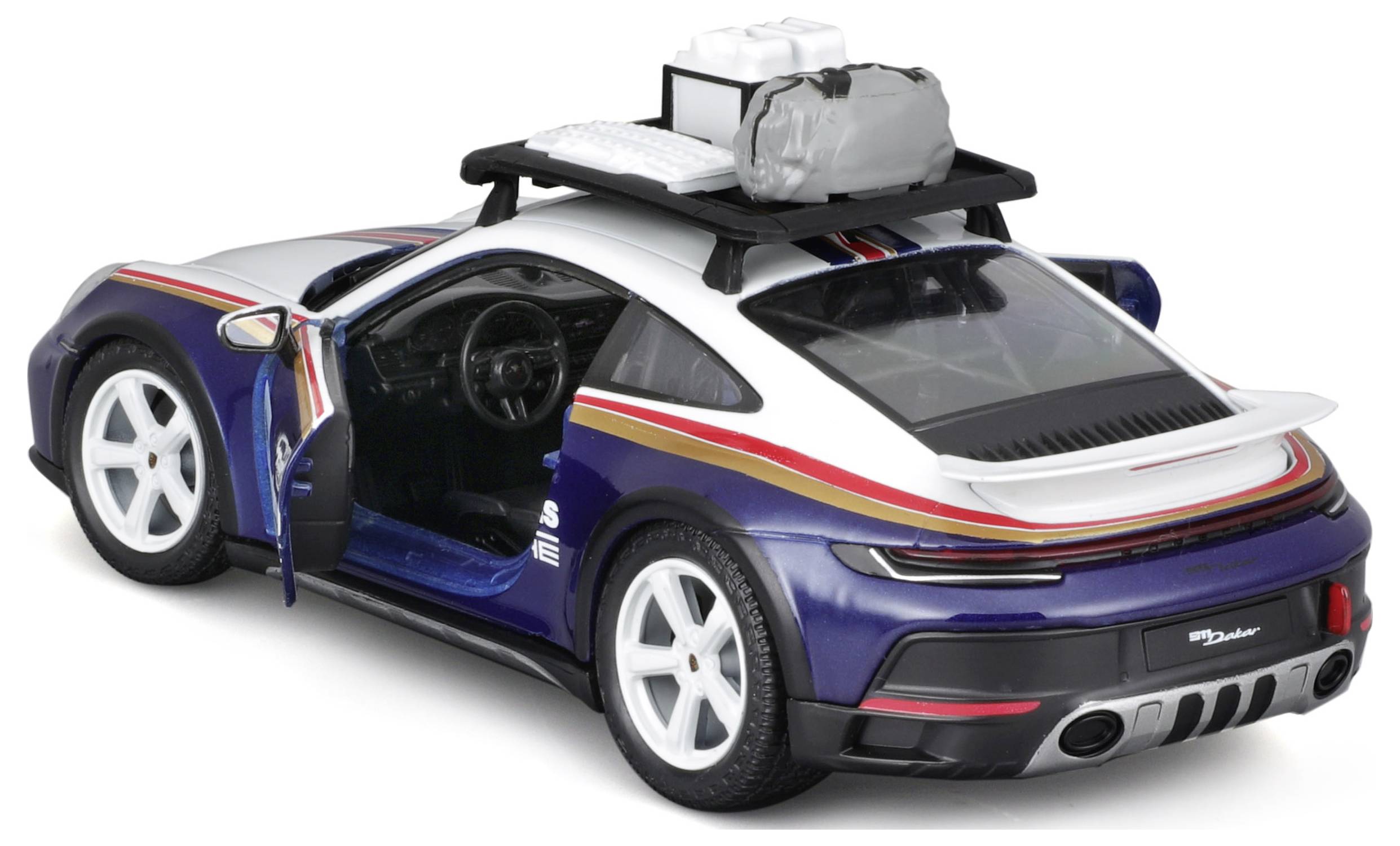 Toy car of a sports car with an open driver's window and a roof rack. The car is grey with red stripes.
