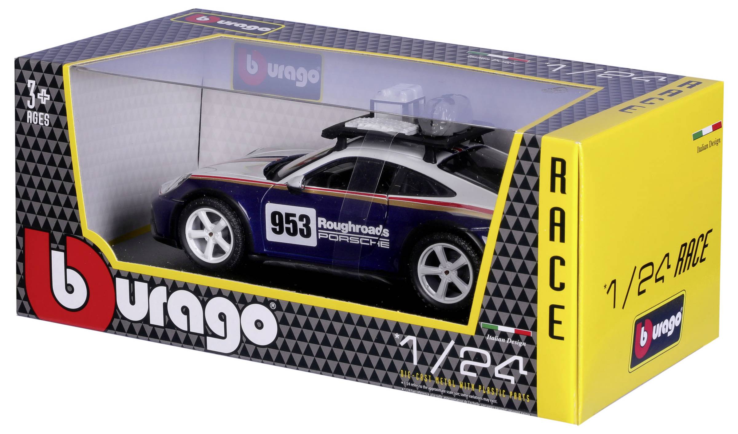 'Bburago' die-cast model car at 1:24 scale, Porsche with racing paintwork in yellow gift box, suitable for children aged 3 years and above.
