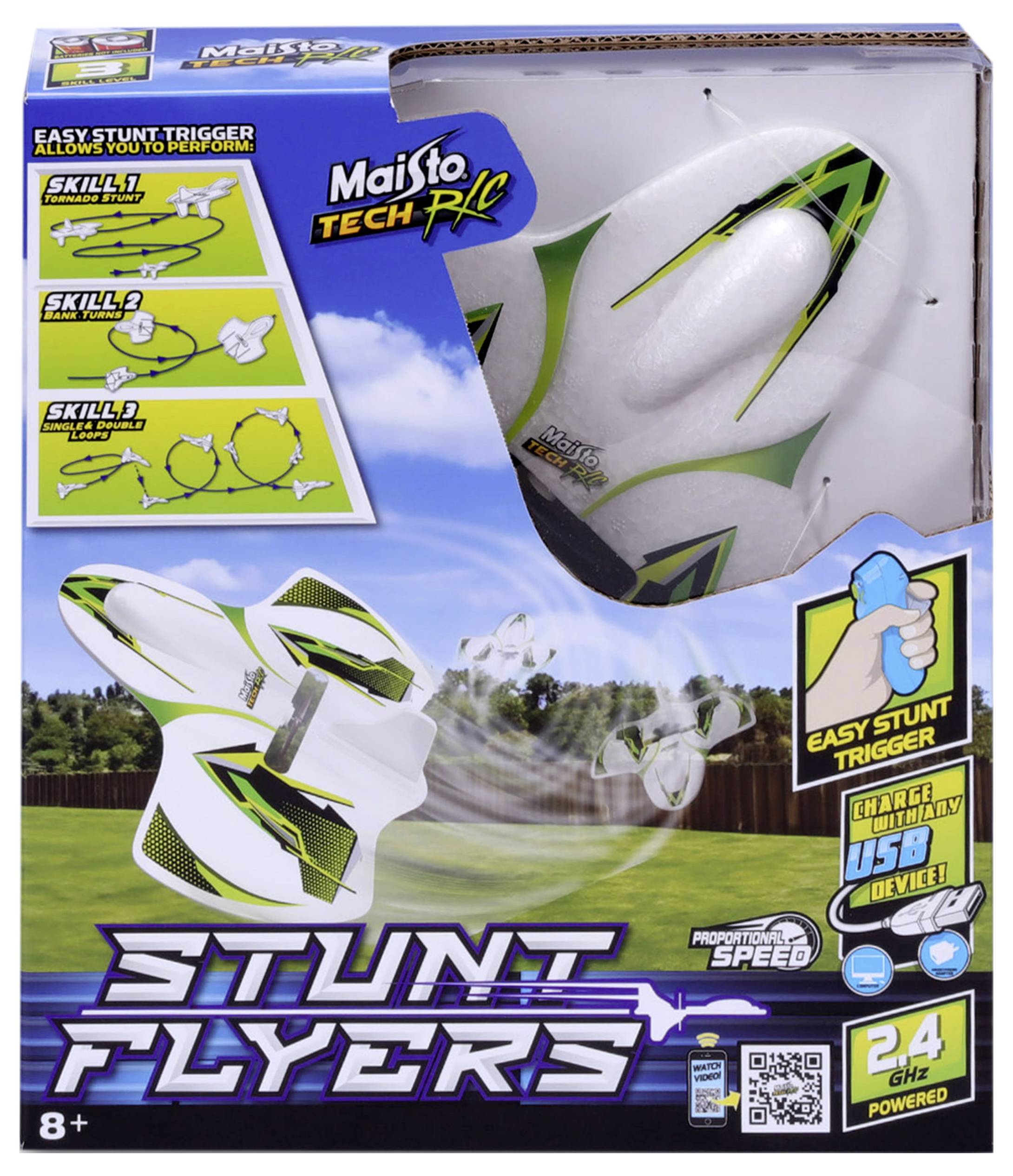 Packaging with remote-controlled stunt aircraft, predominantly white and green, suitable for ages 8 and above, with USB charger.