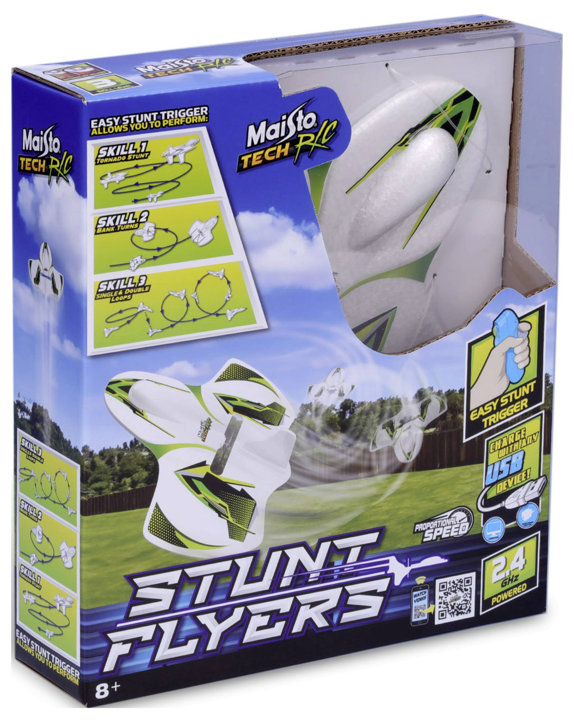 Packaging for a remote-controlled aeroplane with a green and white design. Includes diagrams of flight capabilities and control. Suitable for ages 8 and above.
