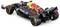 A black Formula 1 car with red and yellow accents, sponsor logos, and distinctive aerodynamic features on a wet racing track.