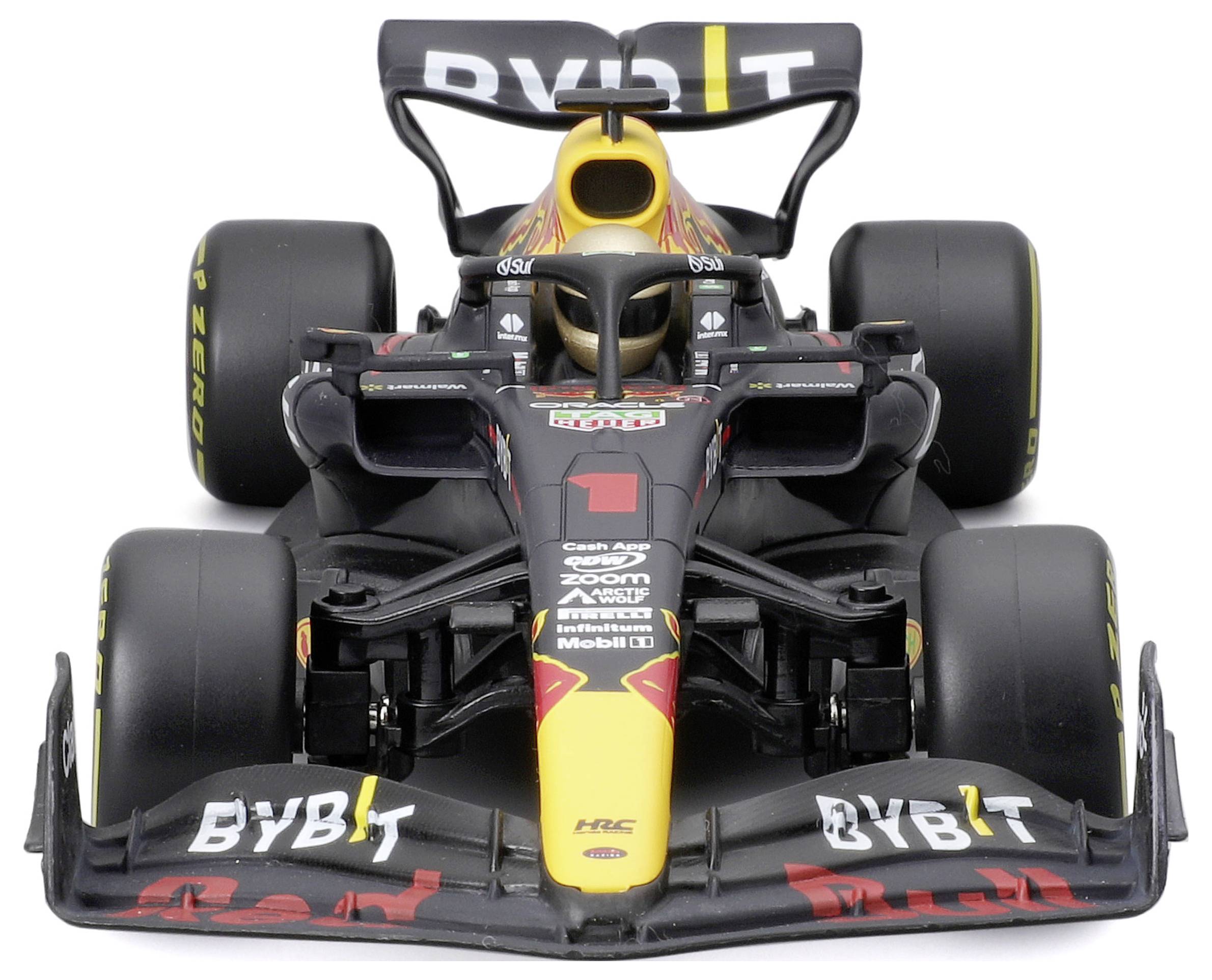 A black Formula 1 racing car with red and yellow accents on a black background. The car is positioned facing forward.