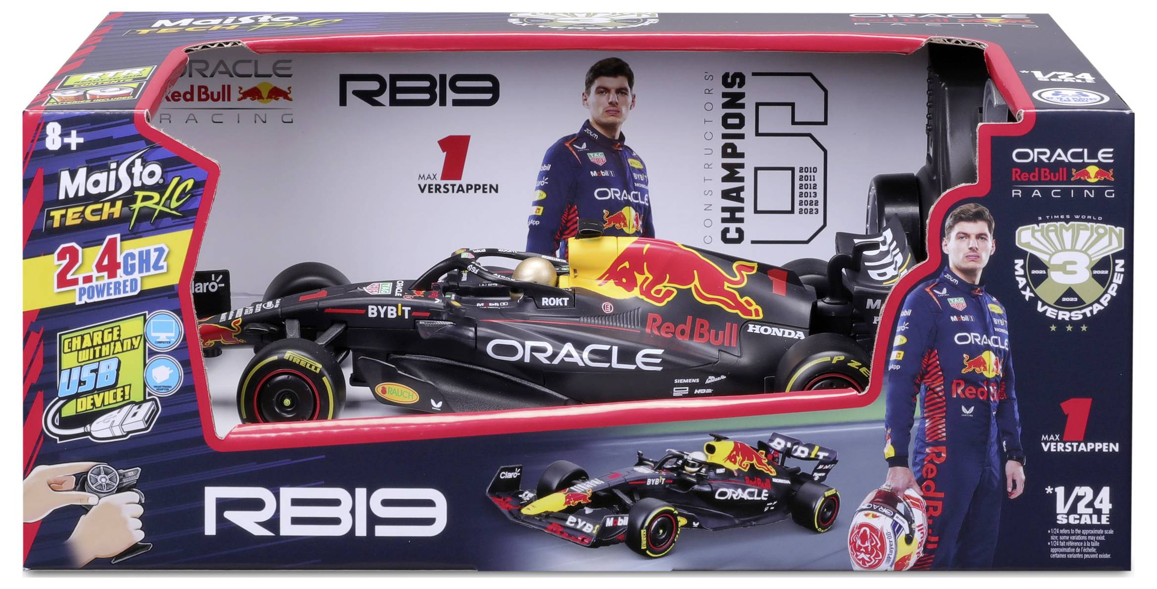 Toy Car Box with Formula 1 Design. Contains a model car with Red Bull and Oracle logos and images of a racing driver. Suitable for children aged 8 and above.