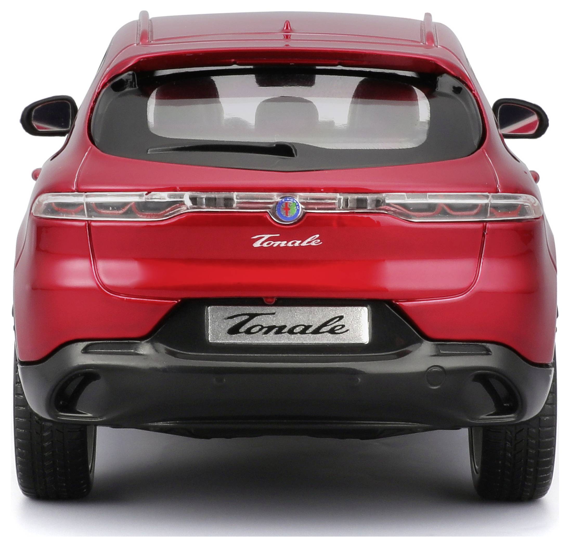 Rear view of a red car with the 'Tonale' text in the number plate area and the logo in the centre of the boot lid.