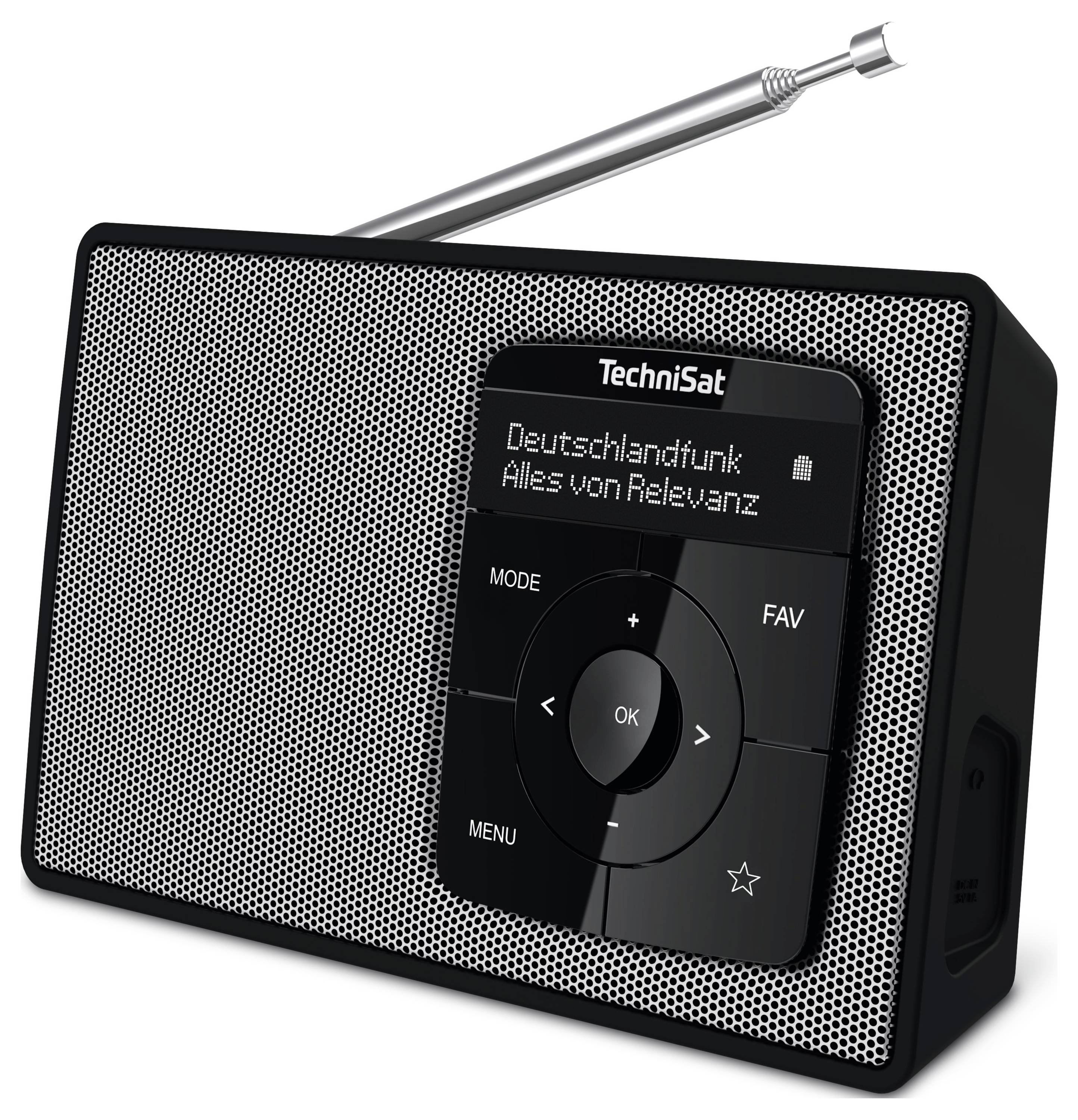 A portable radio with an extended aerial displays 'Deutschlandfunk, All of Relevance' on its screen.