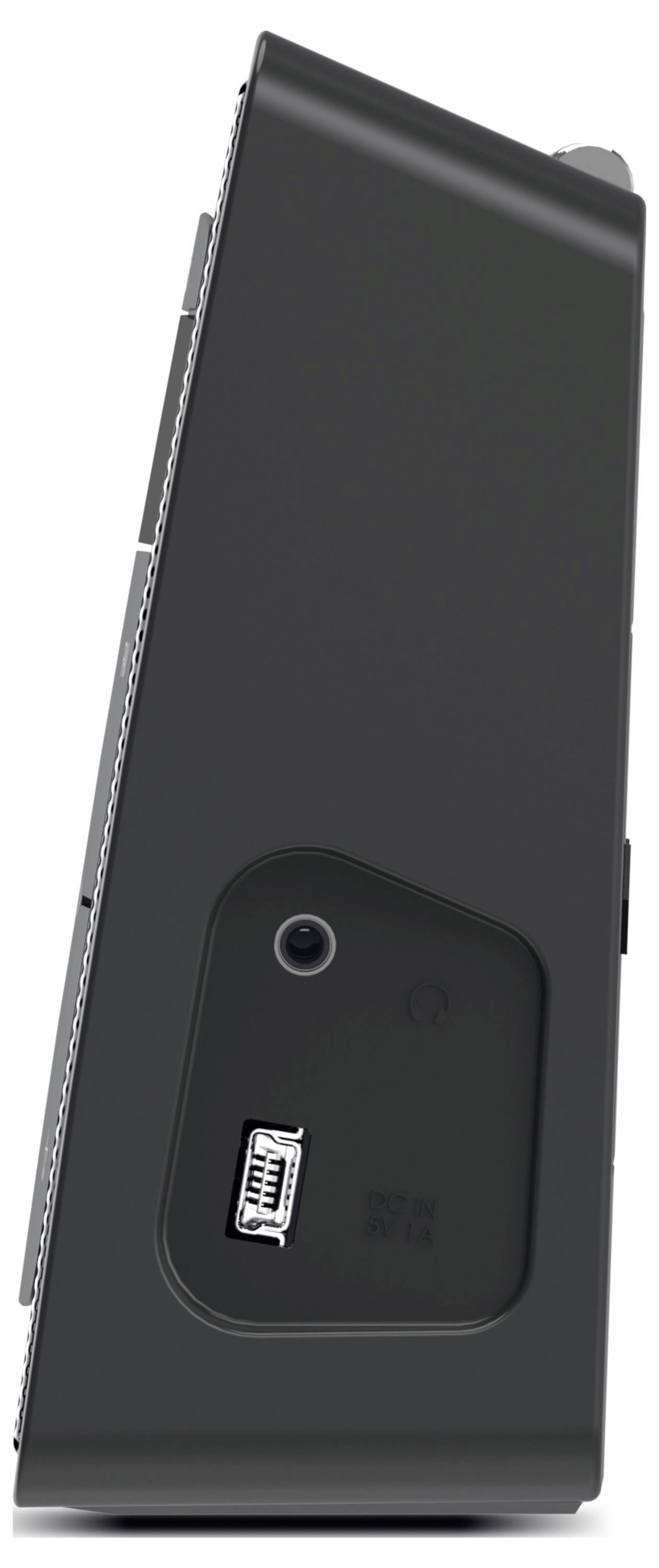 Side view of a black device with a small port and a round button.