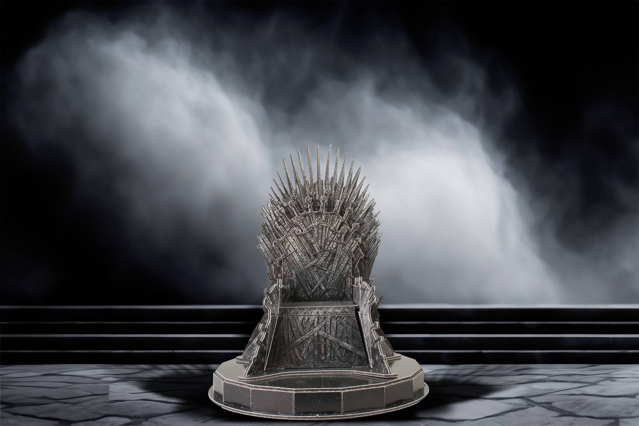 An iron throne of swords, situated at the centre of a mystical, misty environment. A symbol of power and dominion.