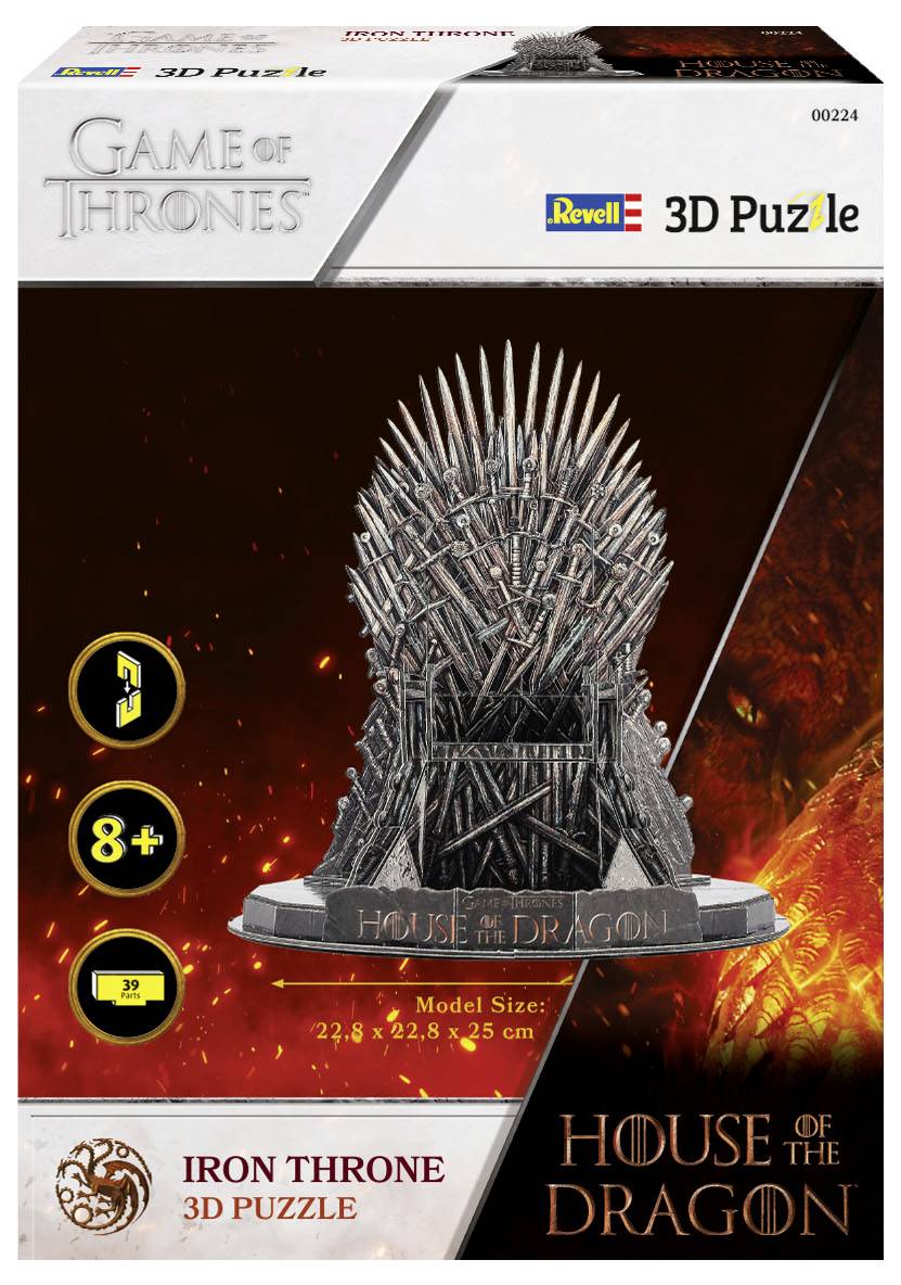 '3D Puzzle by Revell: Iron Throne from House of the Dragon. Recommended for children aged 8 and above. Model size: 22.8 x 22.5 x 25 cm.'