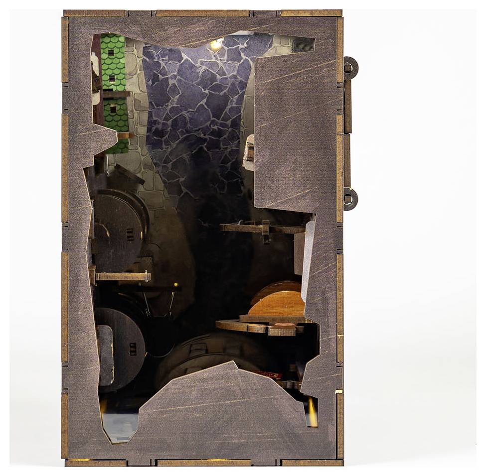 Wooden box with cut-out openings provides a glimpse into a miniature interior with rich colours and varying levels.