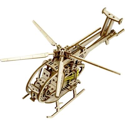 Wooden model of a helicopter with rotor blades, intricately designed, shown from a side angle.