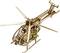Wooden model of a helicopter with rotor blades, intricately designed, shown from a side angle.