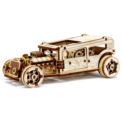 Wooden model of a classic car with detailed mechanical components and decorative elements, with visible gears and piston engine.