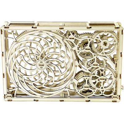 Wooden construction with a complex gear system and spiral design. Demonstrates intricate mechanical movements.
