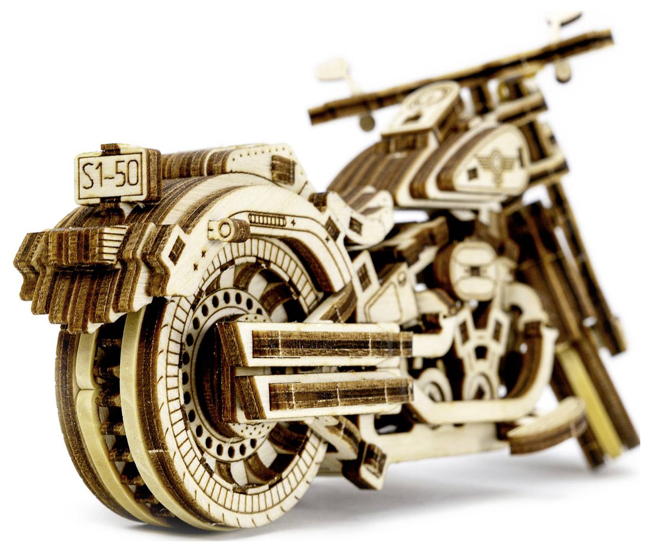 Wooden model of a motorcycle with detailed mechanics; shows wheels, fuel tank and handlebars. Decorative and handcrafted.