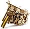 Wooden model of a motorcycle with numerous details, standing on a white background. The design is mechanical and crafted entirely from wooden panels.
