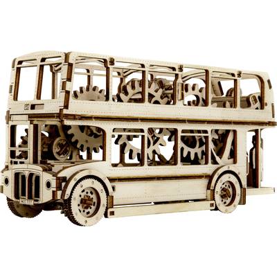 Wooden model of a double-decker bus with open sides, revealing the internal gear systems.