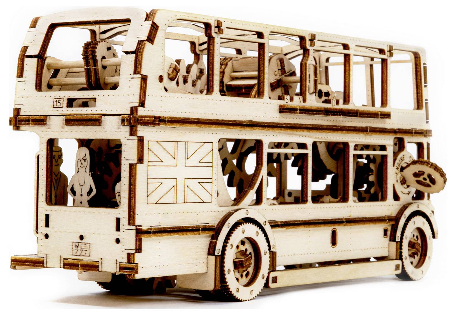 A wooden model double-decker bus with gears and a British flag as a decorative element, demonstrates mechanical intricacy.