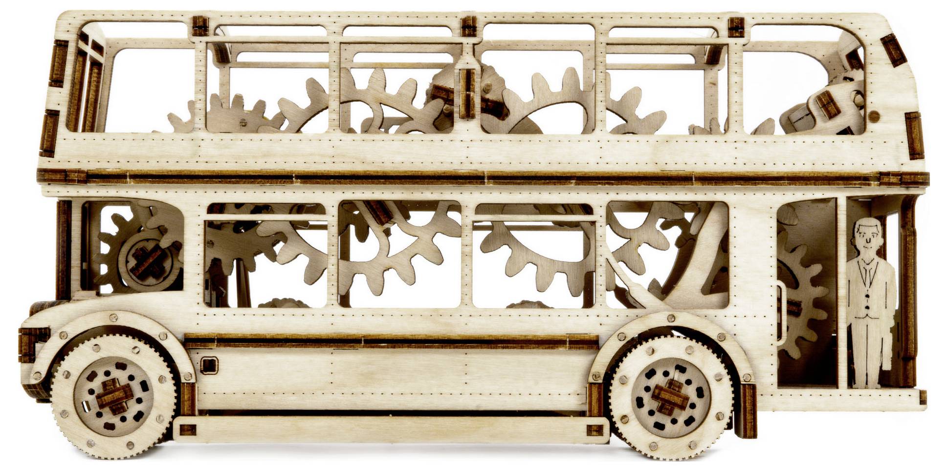 A wooden model bus with visible gears inside. Open seating areas at the top and bottom. A figure stands in the entrance area on the right.