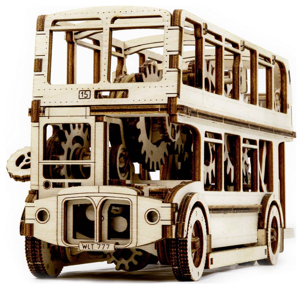A wooden model of a London double-decker bus with visible gears and mechanical details, which is intricately crafted.